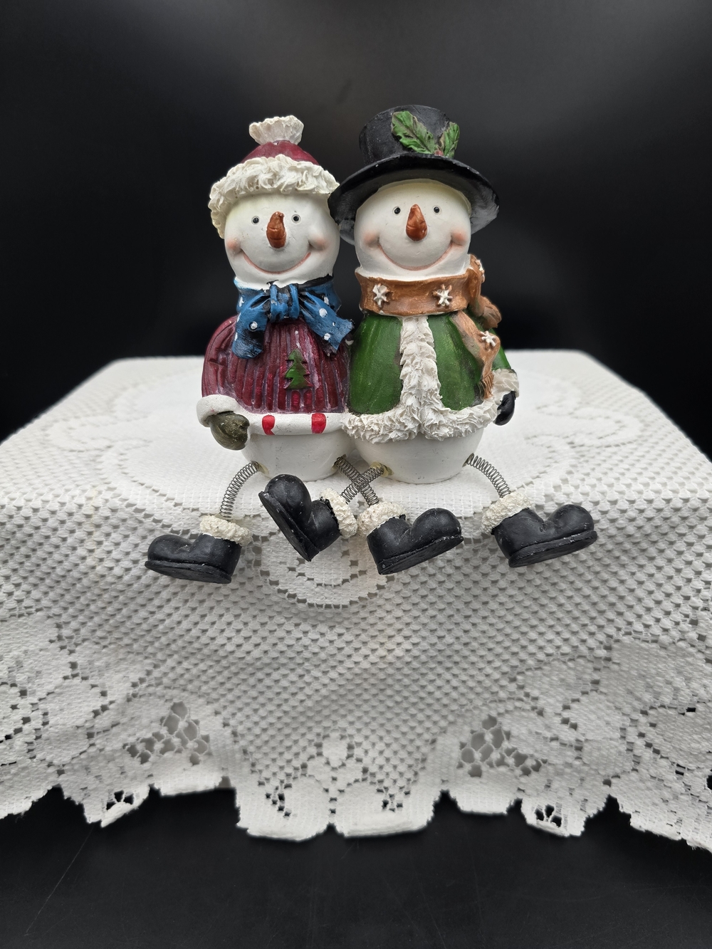 Festive Pair of Snowman Figurines in White, Red, Green